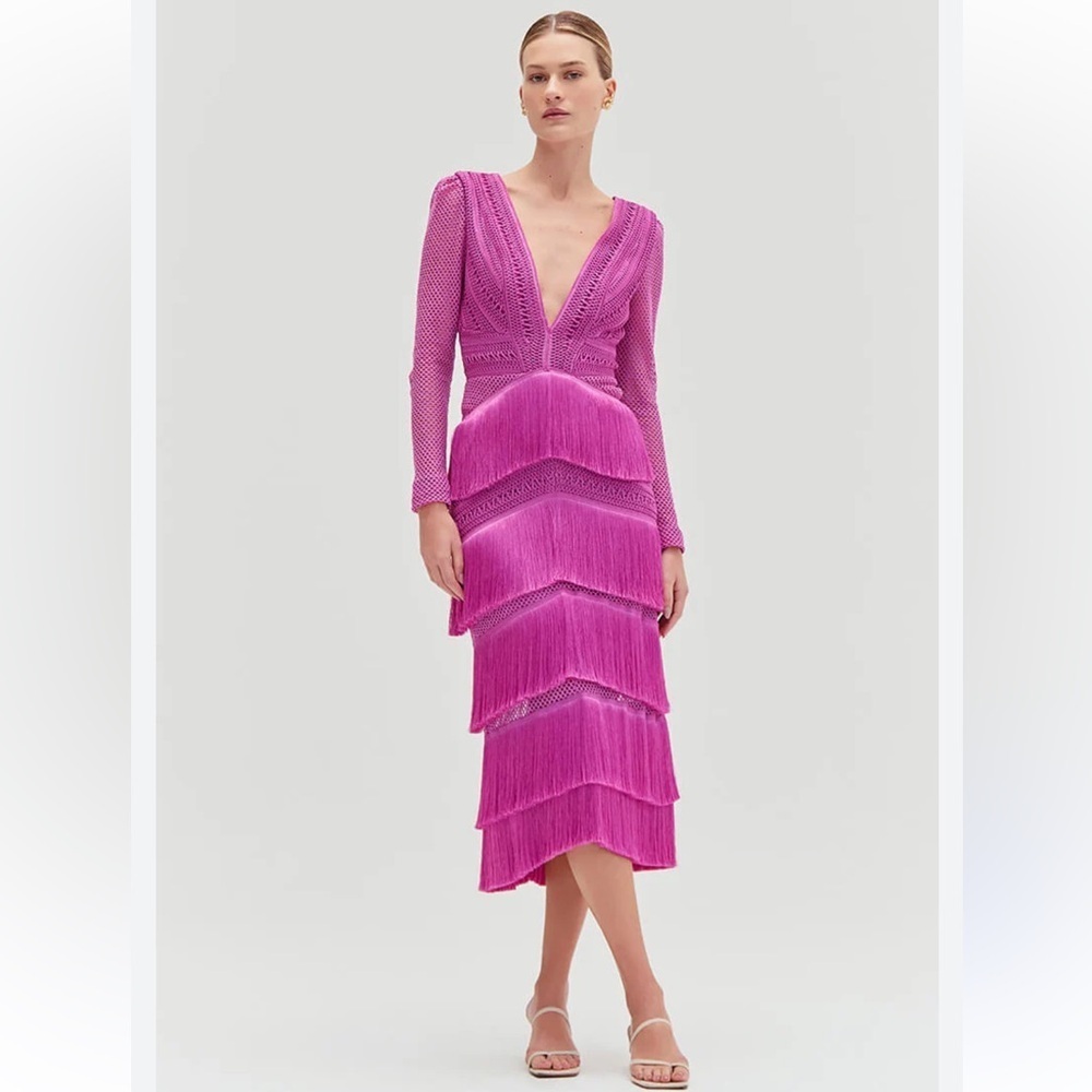 NWT PATBO fuchsia fringe crochet long sleeve dress Cerise pink small | 4